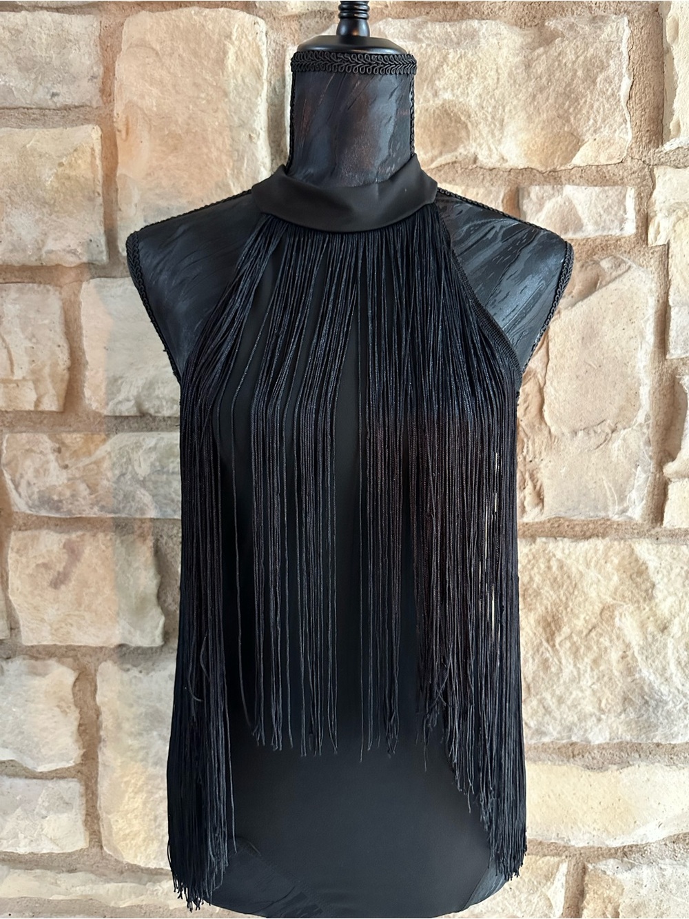 Fringe Halter Neck Sleeveless Top - Black